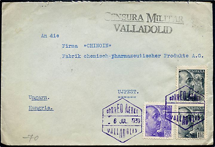 20 cts. og 1 pta. (2) Franco på brev stemplet Correo Aereo Valladolid d. 6.7.1939 til Ujpest, Ungarn. Lokal spansk censur fra Valladolid.