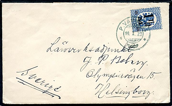 1½ mk./50 pen. Provisorium på brev fra Ii annulleret med bureaustempel P.Vagn no. 25 d. 10.7.1923 til Helsingborg, Sverige.