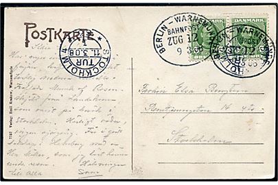 5 øre Fr. VIII i parstykke på brevkort (Tyske postdamper Mecklenburg) annulleret med ovalt tysk bureaustempel Berlin - Warnemünde Bahnpost Zug 12 d. 9.3.1908 til Stockholm, Sverige.