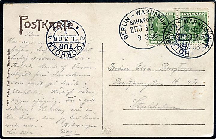 5 øre Fr. VIII i parstykke på brevkort (Tyske postdamper Mecklenburg) annulleret med ovalt tysk bureaustempel Berlin - Warnemünde Bahnpost Zug 12 d. 9.3.1908 til Stockholm, Sverige.