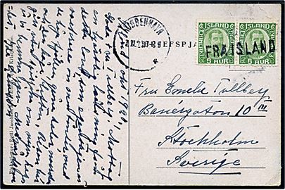 5 aur Chr. X i parstykke på brevkort (Parti fra Nordfjord) dateret på Island d. 8.10.1920, annulleret med skibsstempel Fra Island og sidestemplet Kjøbenhavn d. 7.11.1920 til Stockholm, Sverige.