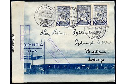 2 mk. Fosterlandet (3) på illustreret Olympia Helsinki 1940 kuvert fra Rovaniemi i Lapland d. 9.4.1940 til Malmö, Sverige. Åbnet af finsk censur.