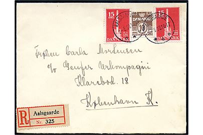 10 øre Bølgelinie og 15 øre Stavnsbåndet (2) på anbefalet brev annulleret med brotype IIIc Aalsgaarde d. 2.8.1938 til København.