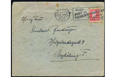20 øre Chr. X på brev fra København d. 16.11.1943 til Nykøbing F. Sendt fra Poul Rendrup fange no. 172 i Vestre Fængsels tyske afdeling. Uden indhold eller synlige tegn på censur.