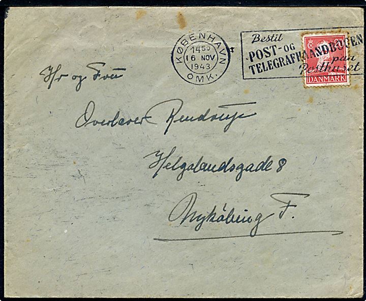 20 øre Chr. X på brev fra København d. 16.11.1943 til Nykøbing F. Sendt fra Poul Rendrup fange no. 172 i Vestre Fængsels tyske afdeling. Uden indhold eller synlige tegn på censur.