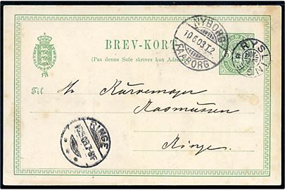 5 øre Våben helsagsbrevkort annulleret med stjernestempel RYSLINGE og sidestemplet bureau Nyborg - Faaborg T.2 d. 10.6.1903 til Ringe.