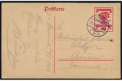 10 pfg. Weimar udg. helsagsbrevkort stemplet Aarösund d. 21.8.1919 til Assens, Danmark. Helsagskortet som blev udgivet i anledning af åbningen af Nationalforsamlingen i Weimar var kun gyldig til indlandsforsendelse.