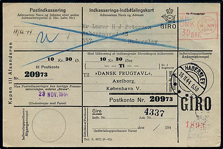30 øre Kh OMK blanketmaskin frankostempel på retur Indkasserings-Indbetalingskort fra Dansk Frugtavl, Axelborg, København V. d. 14.11.1944 til Haderslev.