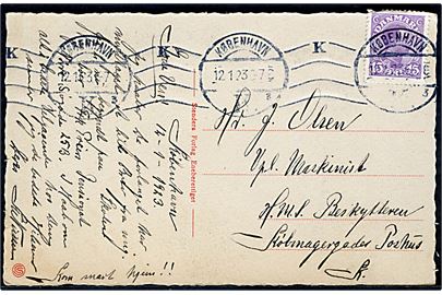 15 øre Chr. X på brevkort fra København d. 12.1.1923 til Vpl. Maskinist ombord på HMS Beskytteren via Købmagergades Postkontor, København V. Beskytteren var bl.a. inspektionsskib i det Nordatlantiske område omkring Island og Færøerne.