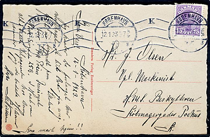 15 øre Chr. X på brevkort fra København d. 12.1.1923 til Vpl. Maskinist ombord på HMS Beskytteren via Købmagergades Postkontor, København V. Beskytteren var bl.a. inspektionsskib i det Nordatlantiske område omkring Island og Færøerne.