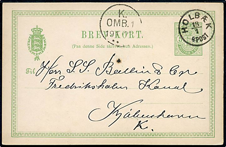 5 øre Våben helsagsbrevkort annulleret med lapidar Holbæk d. 18.1.1889 til Kjøbenhavn.