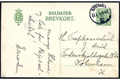 5 øre Soldater-Brevkort dateret på Saltholm d. 26.7.1915 og stemplet Kjøbenhavn d. 27.7.1915 til Kjøbenhavn.