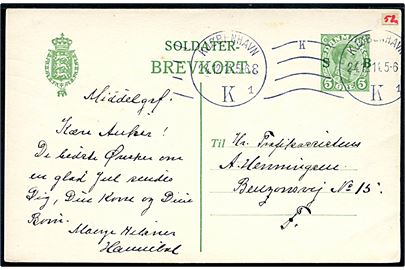 5 øre Soldater-Brevkort dateret på Middelgrundfort og stemplet Kjøbenhavn K. d. 24.12.1914