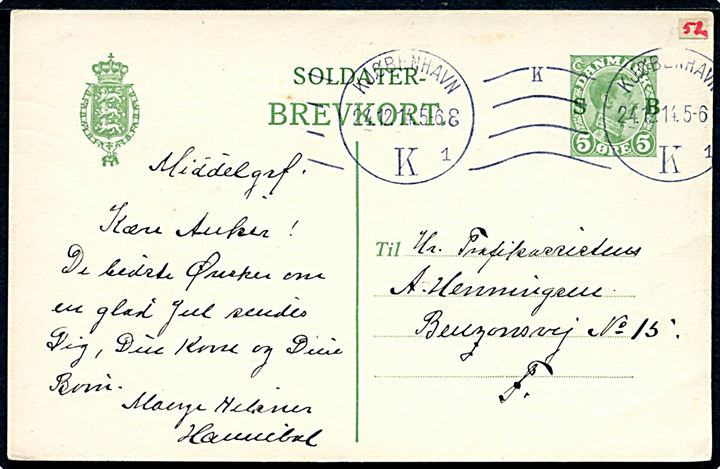 5 øre Soldater-Brevkort dateret på Middelgrundfort og stemplet Kjøbenhavn K. d. 24.12.1914