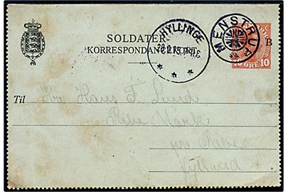 10 øre Soldater-Korrespondancekort annulleret med stjernestempel MENSTRUP og sidestemplet Hyllinge d. 28.9.1916 til Ribe