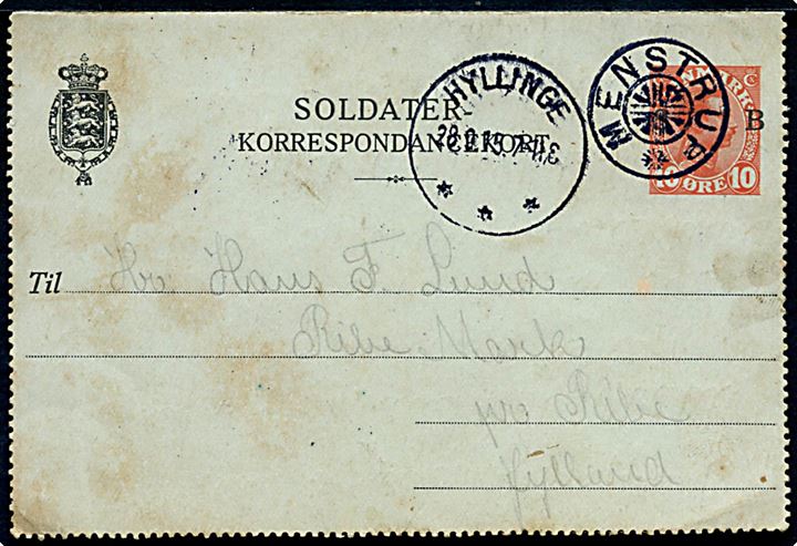 10 øre Soldater-Korrespondancekort annulleret med stjernestempel MENSTRUP og sidestemplet Hyllinge d. 28.9.1916 til Ribe