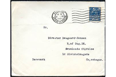1,50 fr. Koloni udstilling på brev fra den danske legation i Paris d. 3.11.1931 til Direktør Daugaard-Jensen, Kommandør af Dannebrog og Dannebrogsmand, Grønlands Styrelse, København, Danmark. 
