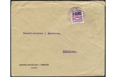 15 øre 1. Zone udg. på brev fra Handelsbanken i Tønder annulleret med bureaustempel Tønder - Tinglev - Tørsbøl sn3 T.845 d. 26.6.1920 til Aabenraa. 
