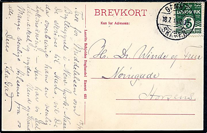 5 øre Bølgelinie på brevkort (Den tilsandede kirke) med brotype IIa Gammel Skagen d. 18.7.1913 til Horsens. Stempel kendes kun benyttet i perioden 30.6.-15.9.1913.