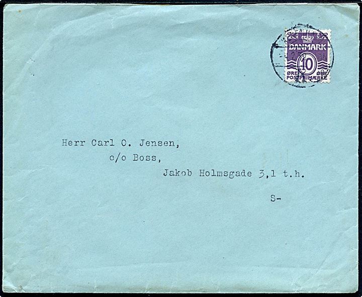 10 øre Bølgelinie på fortrykt kuvert fra “Aktieselskabet Kryolith Mine og Handels Selskabet, Gl. Torv 22” sendt lokalt i København d. 4.2.1939. 