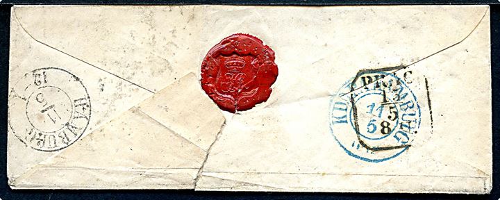 Francobrev med 1½-ringsstempel Itzehoe d. 10.5.185(2) og rammestempel “Aus Dänemark” til Prins Wilhelm zu Holstein Glücksburg, Ridder af Elefantordenen, i Prag, Böhmen. Ank.stemplet d. 13.5.185(2). 