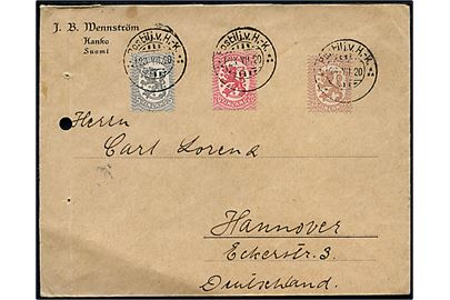 5 pen., 20 pen. og 25 pen. Løve på brev fra Hangö annulleret med udslebet bureaustempel Postilj.v. H.-K. *** (= Hangö-Karios) d. 28.7.1920 til Hannover, Tyskland.