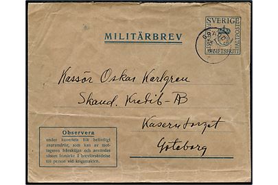 Militärbrev stemplet Gräddö d. 13.10.1941 til Göteborg. Sendt fra sømand ombord på Hjälpkryssaren 5, Flottan. Hjälpkryssaren Warun (HjKr 5) var Sveabolagets fragtskib M/S Warum som i 1939 blev ombygget og bevæbnet som hjælpekrydser. Skibet blev hovedsaglig benyttet af Stockholmeskaderen til eskorte af skibe til/fra Gotland. Uden svarmærke.