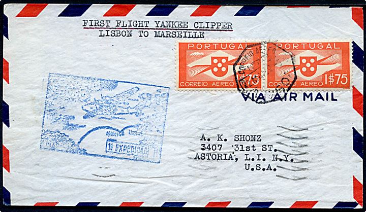 1$75 Luftpost i parstykke på 1.-flyvningskuvert med Pan American Airways Yankee Clipper fra Lissabon d. 22.5.1939 via Marseille, Frankrig til Astoria, USA.