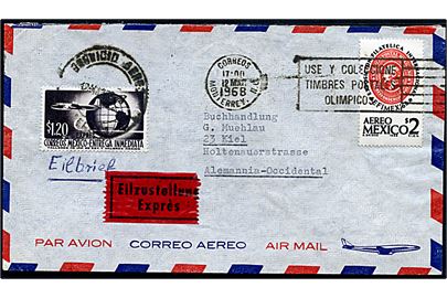$1,20 og $2.00 Luftpost på luftpost ekspresbrev fra Monterrey d. 12.3.1968 til Kiel, Tyskland. På bagsiden transit stempler fra både Hamburg Flughafen og Kiel Fernmeldeamt.  