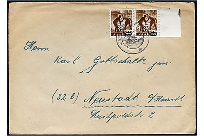 3 fr/15 pfg. Provisorium i parstykke på brev fra Saarbrücken d. 3.6.1949 (?) til Neustadt.