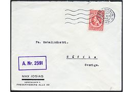 20 øre Chr. X 75 år på brev fra København d. 20.12.1945 til Säffle, Sverige. Uden censur, men med violet licens-stempel: A. Nr. 2591.