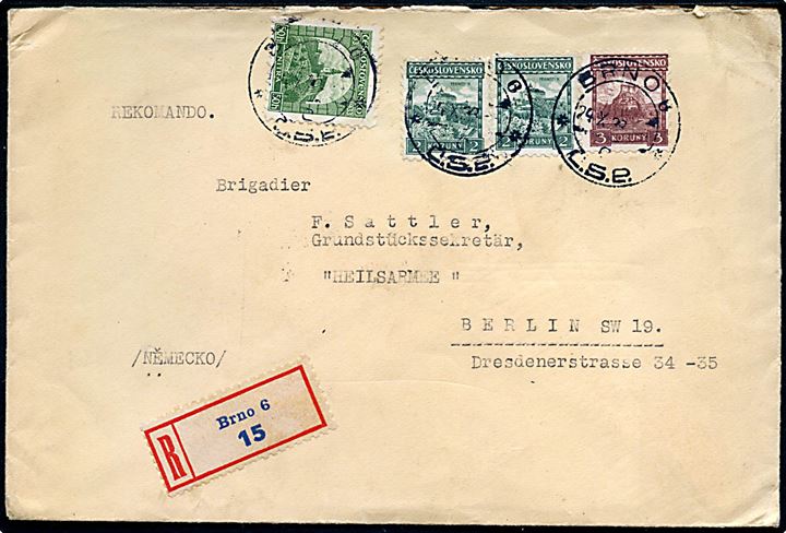 50 h., 2 kr. (par) og 3 kr. på anbefalet brev fra Brno d. 24.10.1933 til Berlin, Tyskland.