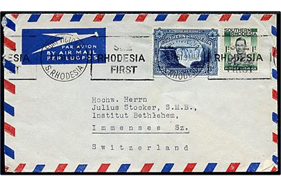 South Rhodesia, 3d Victoria Falls og 1 s. George VI på luftpostbrev fra Fort Victoria d. 14.11.1951 til Immensee, Schweiz.