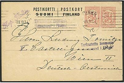 10+10 pen Løve provisorisk helsagsbrevkort fra Turku d. 8.4.1919 til Wien, Østrig. 2-sproget censur Censurerad i Finland.