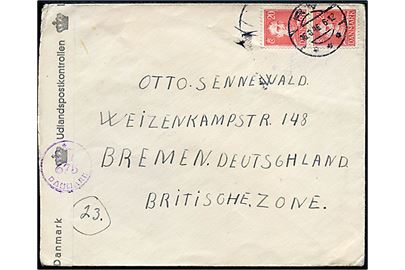 20 øre Chr. X i parstykke på brev fra Ry d. 16.9.1946 til Bremen, Tyskland. Åbnet af dansk efterkrigscensur med stempel (krone)/675/Danmark.
