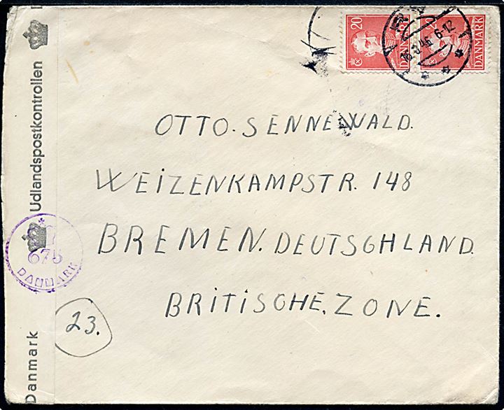 20 øre Chr. X i parstykke på brev fra Ry d. 16.9.1946 til Bremen, Tyskland. Åbnet af dansk efterkrigscensur med stempel (krone)/675/Danmark.