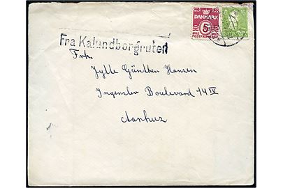 5 øre Bølgelinie og 15 øre Chr. X på brev med indhold dateret i Kolby Kaas d. 25.3.1948 annulleret Aarhus d. 26.3.1948 og sidestemplet Fra Kalundborgruten til Aarhus. Lidt nusset i toppen.