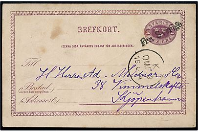 6 öre helsagsbrevkort fra Landskrona annulleret med skibsstempel Fra Sverige og sidestemplet K. OMB. 3 d. 16.8.1884 til Kjøbenhavn, Danmark.
