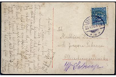 20 pfg. Fælles udg. på brevkort fra Broacker d. 23.4.1920 til Stenderupmark pr. W. Satrup. Lidt nusset, mærke muligvis genanvendt.