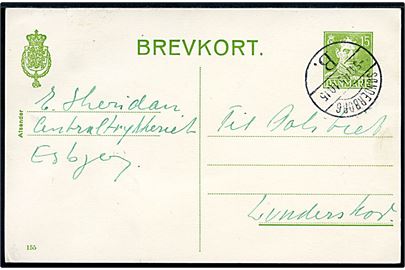 15 øre Chr. X helsagsbrevkort (fabr. 155) annulleret med brotype Vd Sønderborg B. d. 5.11.1945 til Lunderskov.
