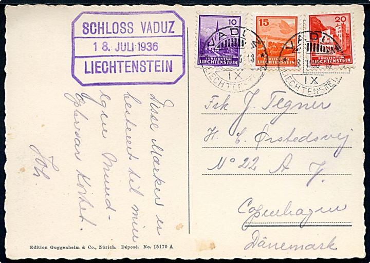 10 rp., 15 rp. 20 15 rp. daglig udg. på brevkort fra Vaduz d. 18.7.1936 til København, Danmark.