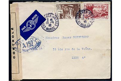 1 fr. og 1,50 c. Landskab på luftpostbrev fra Casablanca 15.4.1942 til Lyon, Frankrig. Åbnet af fransk censur.