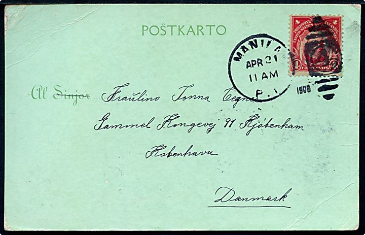 Philippinerne 4 c. single på brevkort stemplet Manila P.I. / 4 d. 21.4.1908 til København, Danmark. 