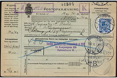 20 øre Chr. X med perfin N.L. på retur Postopkrævning fra firma Nordisk Livsforsikrings-Aktieselskeb af 1897 i Kjøbenhavn d. 15.10.1915 til Espergærde.