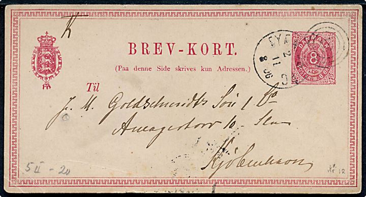 8 øre helsagsbrevkort dateret Erholm (slot ved Aarup) annulleret med kombineret nr.stempel 12/Fyen. JB.PC. d. 2.11.1882 til Kjøbenhavn.