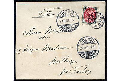 8 øre Tofarvet (defekt) på brev annulleret med stjernestempel HJALLESE og sidestemplet bureau Odense - Svendborg T3 og T6 d. 29.11.1901 via Faaborg til Millinge.