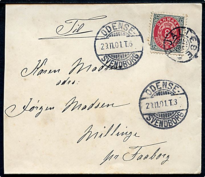 8 øre Tofarvet (defekt) på brev annulleret med stjernestempel HJALLESE og sidestemplet bureau Odense - Svendborg T3 og T6 d. 29.11.1901 via Faaborg til Millinge.