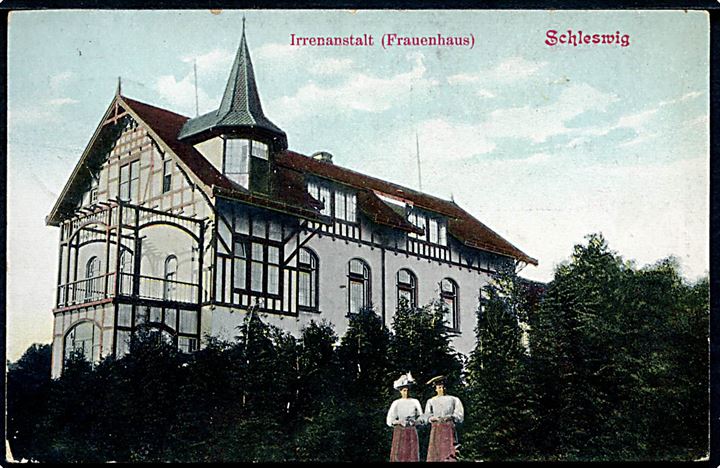 5 pfg. Germania på brevkort (Schleswig, Irrenanstalt Frauenhaus) annulleret med bureaustempel Schleswig - Satrup (Kr. Schleswig) Bahnpost Zug 16 d. 25.3.1913.