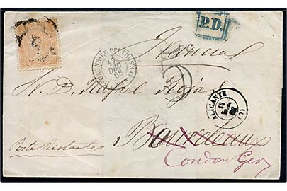 12 cts. Isabella II på brev fra Alicante d. 15.12.1868 til Bordeaux, Frankrig - eftersendt til poste restante i Condon Gers. Fransk grænsestempel Espagne le Perthus Amb. D3. og rammestempel P.D.. 