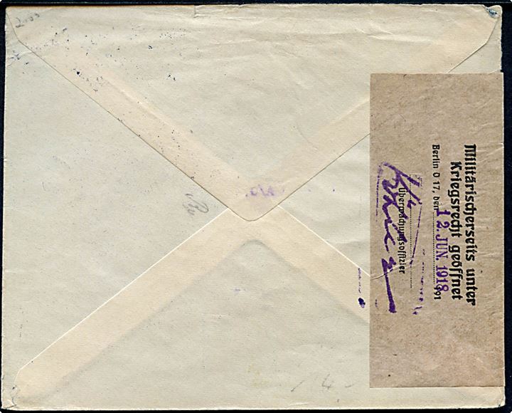 20 øre Chr. X på brev fra Espergærde d. 10.6.1918 til Berlin, Tyskland. Åbnet af tysk censur ved Berlin O17.